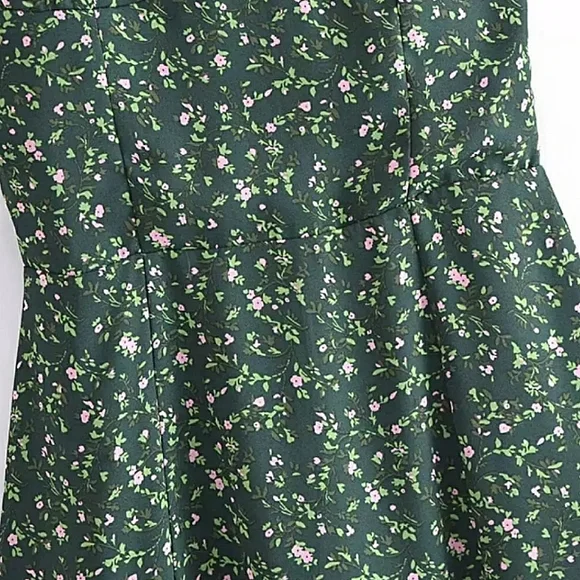 Green Floral Sweetheart Neck Chiffon Dress with Ribbon Straps - Picture 8 of 16